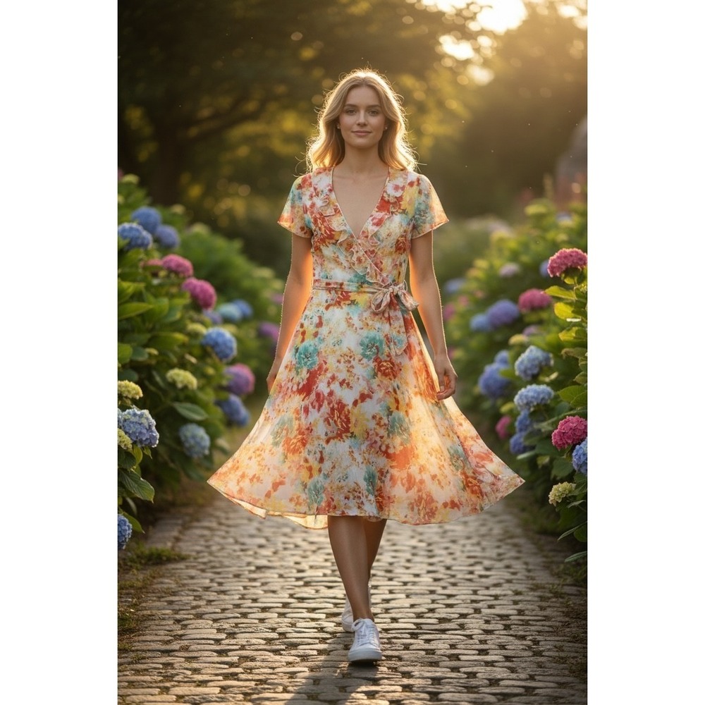 JBS Womens Sheer Floral Watercolor Ruffle Dress Cap Sleeve Multicolor Size‎ 14